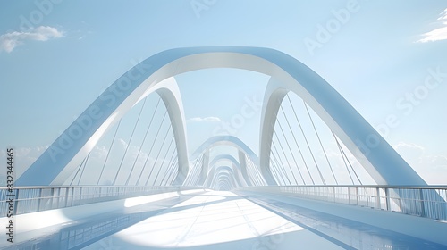 A white bridge with blue sky  white bridge railing  bridge  and a closeup of the side view. The arches on both sides form an arc shape.