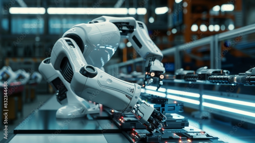 A robotic arm works on an assembly line in a futuristic factory.