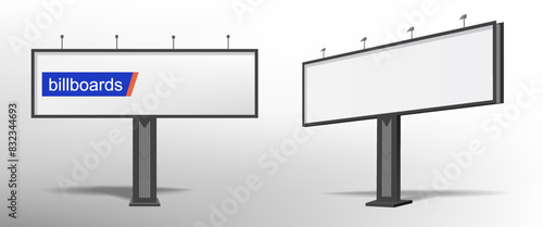 Two modern billboards with blank screens and black border. Presentation of advertising billboards for information placement. Exhibition road billboard for advertising content in public places