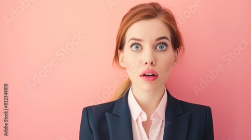 Businesswoman shocking jaw dropped eyes widening in disbelief copy space blonde Caucasian female in black navy blue suit unbelievable facial expression pink background