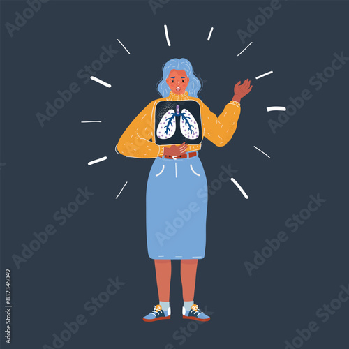 Cartoon vector illustration of Woman with x ray of lung shot.