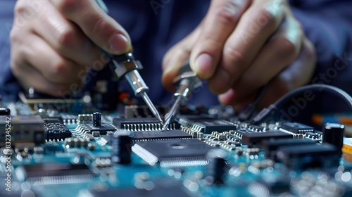 
Skilled and trained technicians carefully inspect and install electronic components using specialized equipment, such as soldering and assembly machines photo