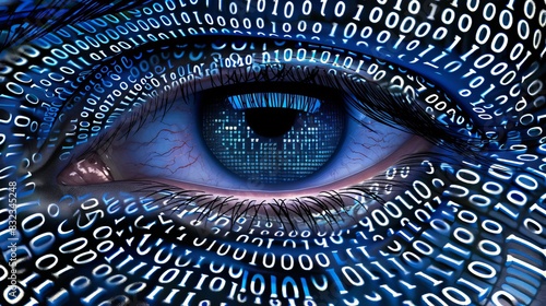 An intricate digital artwork of eyes covered in binary code representing privacy invasion, super realistic photo