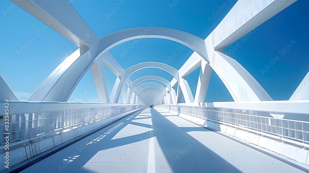 Fototapeta premium A white bridge with blue sky, white bridge railing, bridge, and a closeup of the side view. The arches on both sides form an arc shape.