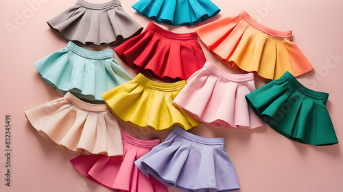 Colorful mini skirts on pink background, Generative AI
