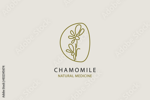 Chamomile flower natural medicine logo design. Linear style herbal vector graphic.