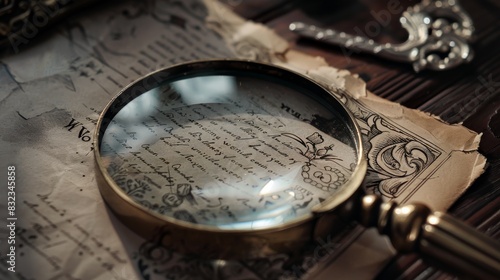 Antique magnifying glass on an old paper with a vintage key for historical or detective designs