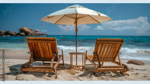 Deckchairs and umbrella on the beach with copy space, vintage travel postcard style.