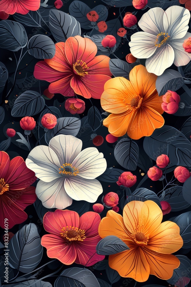 Colorful Flowers on Black Background Colorful Flowers on Black Background