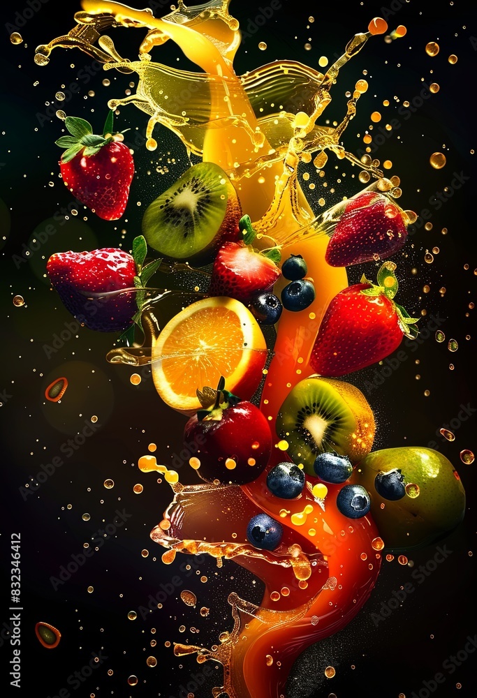 Juicy fruits exploding in a vibrant splash on a sleek black background Juicy fruits exploding in a vibrant splash on a sleek black background