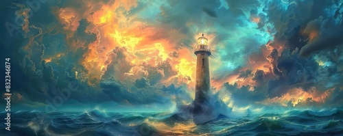 Fantasy lighthouse with magical glow in a mystical storm, vibrant colors, digital art, enchanting and surreal, photo