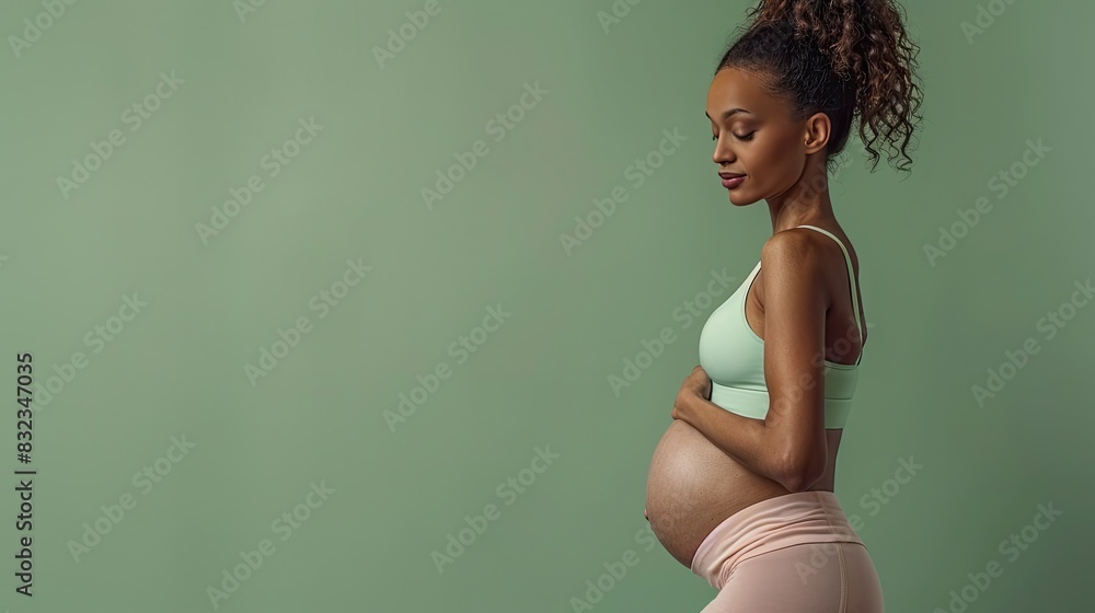 Female fitness model isolated on a sage green background Female fitness model isolated on a sage green background