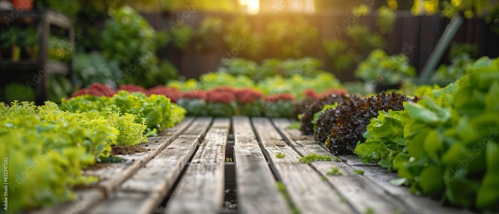 Scenic home garden with various leafy greens and vegetables growing on raised beds with sunlight shining through. Healthy and sustainable agriculture. Scenic home garden with various leafy greens and vegetables growing on raised beds with sunlight shining through. Healthy and sustainable agriculture.