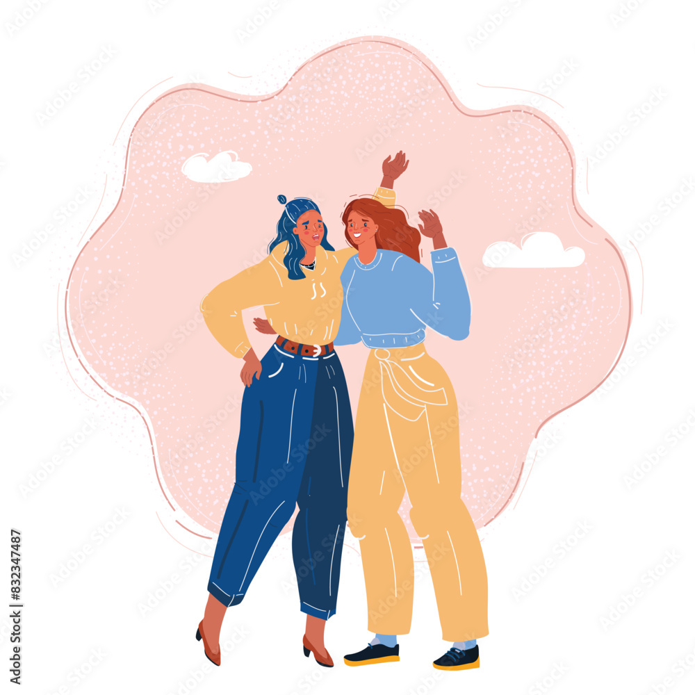 Cartoon vector illustration of two bestie together. Woman hug each other. stay together Cartoon vector illustration of two bestie together. Woman hug each other. stay together