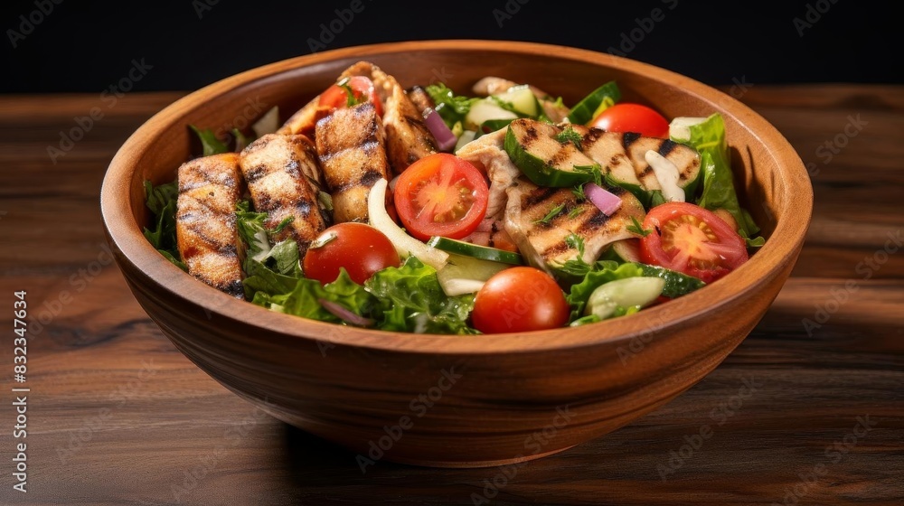 A bowl of salad with grilled chicken pieces, A bowl of salad with grilled chicken pieces,