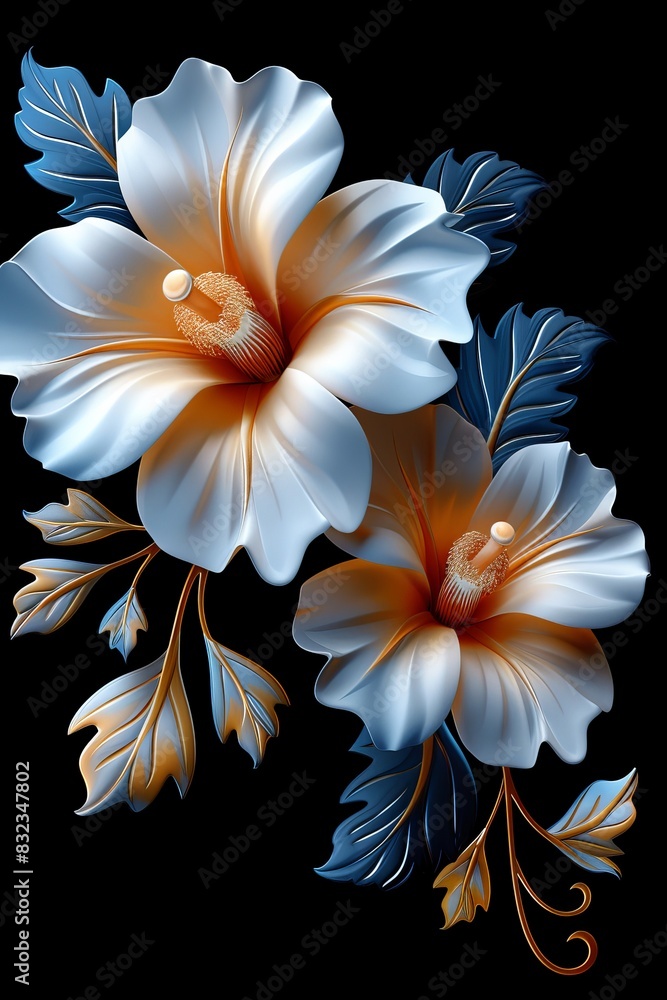 Two White Flowers With Blue Leaves on a Black Background Two White Flowers With Blue Leaves on a Black Background