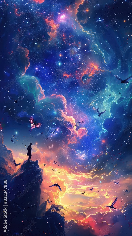 Fototapeta premium Fantasy space scene with mystical creatures flying among stars, vibrant and surreal, digital art, whimsical and enchanting,