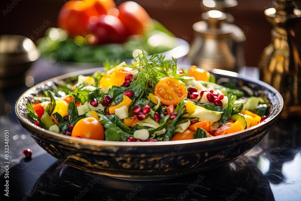 A detailed vegetable salad in a decorative bowl,