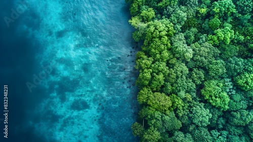 Aerial view of a tropical rainforest and clear blue water in the ocean from a top down perspective. depicting a tropical landscape concept of an ecofriendly environment.