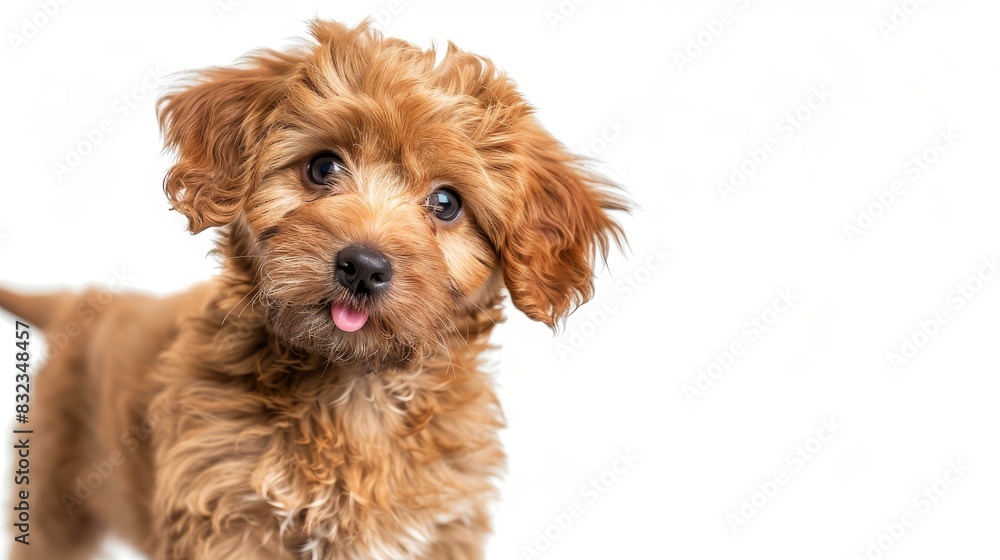 Funny head shot of cute red Cobber dog puppy, standing facing front. Looking curious towards camera. Isolated on white background. Tongue out. Funny head shot of cute red Cobber dog puppy, standing facing front. Looking curious towards camera. Isolated on white background. Tongue out.