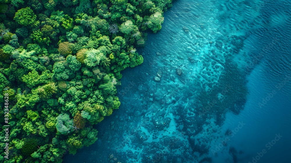 Aerial view of a tropical rainforest and clear blue water in the ocean from a top down perspective. depicting a tropical landscape concept of an ecofriendly environment. Aerial view of a tropical rainforest and clear blue water in the ocean from a top down perspective. depicting a tropical landscape concept of an ecofriendly environment.