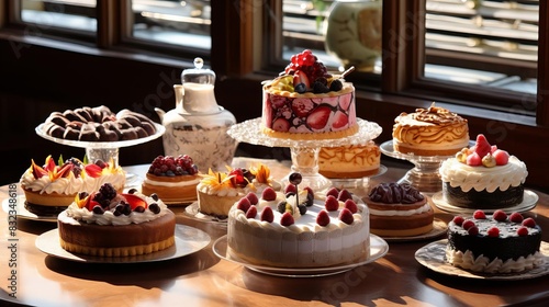 A set of gourmet cakes and pastries arranged on a table, photo