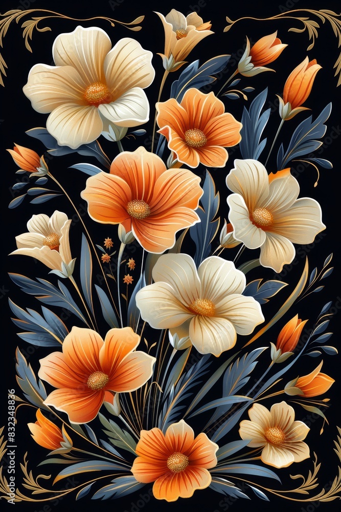 Orange and White Flowers Painting on Black Background