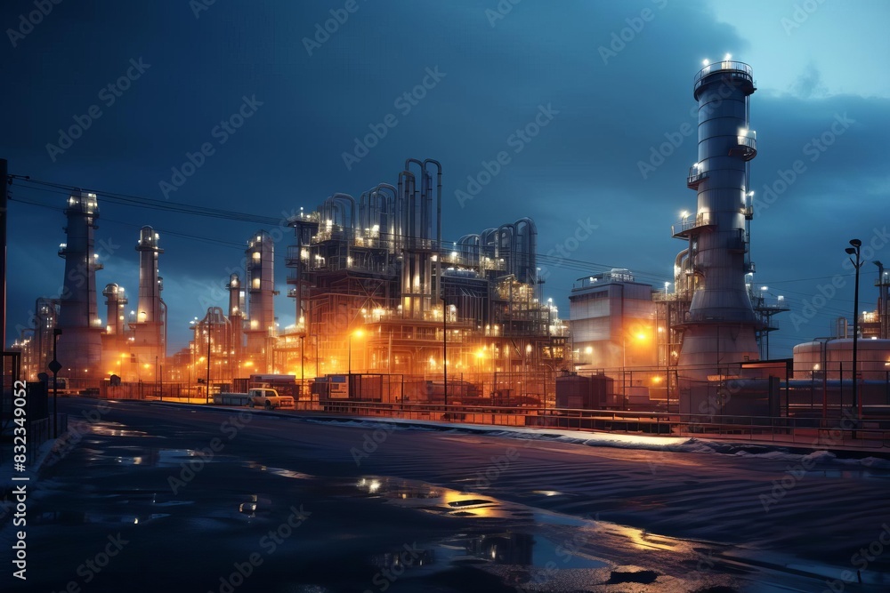 An industrial plant at night with dramatic lighting,