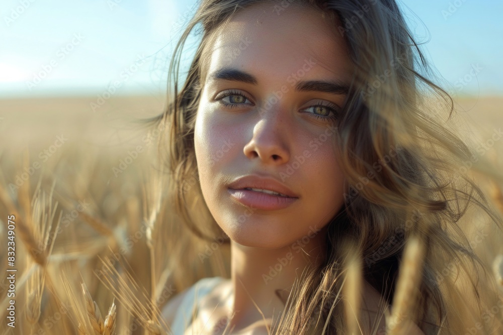 The close-up portrait of the beautiful woman's face, bathed in the soft light of the wheat field, creates an image of timeless elegance and grace The close-up portrait of the beautiful woman's face, bathed in the soft light of the wheat field, creates an image of timeless elegance and grace