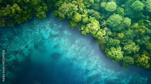 Aerial view of a tropical rainforest and clear blue water in the ocean from a top down perspective. depicting a tropical landscape concept of an ecofriendly environment. © horizon