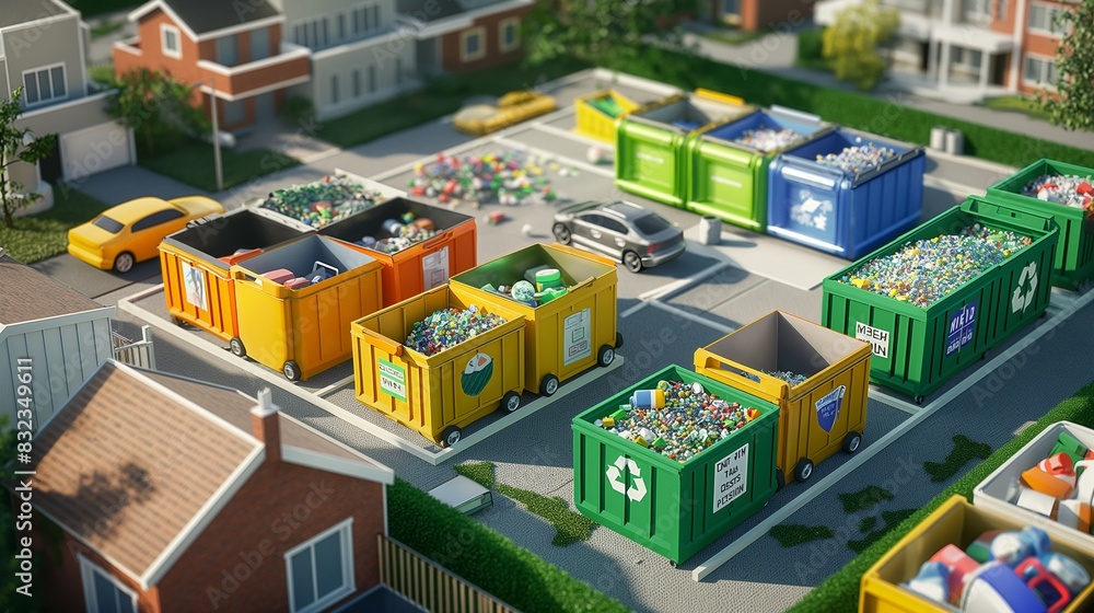 A community-driven recycling initiative where local waste is collected and processed in a neighborhood facility, depicted with colorful, clearly labeled containers for different types of recyclables. A community-driven recycling initiative where local waste is collected and processed in a neighborhood facility, depicted with colorful, clearly labeled containers for different types of recyclables.