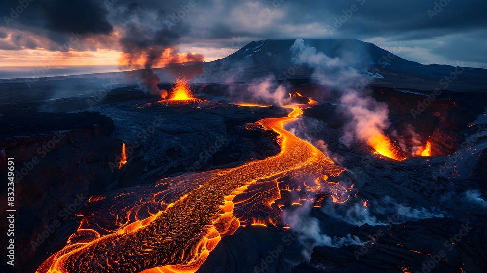 Nightfall Volcano: Intense Lava Streams Lighting Up the Dark Landscape