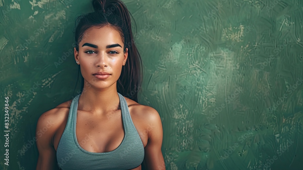 Female fitness model isolated on a forest green background Female fitness model isolated on a forest green background