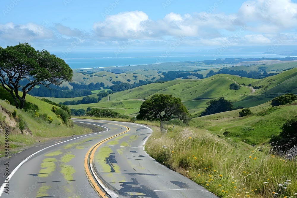 Scenic Coastal Road with Lush Green Hills and Ocean Vistas