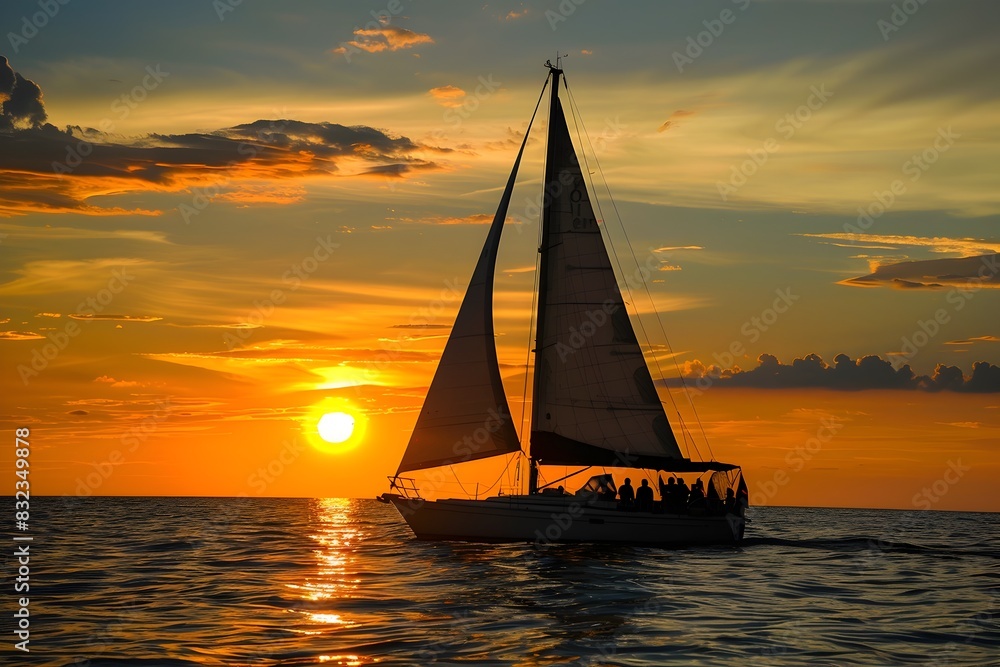 Serene Sunset Sailing on the Open Sea with Silhouetted Sailboat
