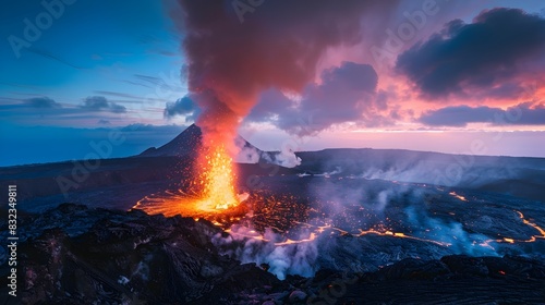 Powerful Volcano Eruption Ignites the Twilight Sky with Fiery Hues © pkproject