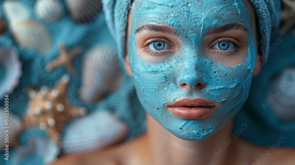 A serene moment of relaxation with a blue face mask adorned with small beads, surrounded by various seashells and starfish. A serene moment of relaxation with a blue face mask adorned with small beads, surrounded by various seashells and starfish.
