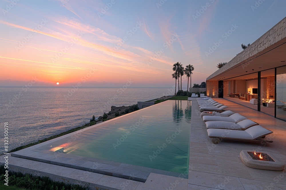 Obraz premium Luxurious oceanfront villa with infinity pool at sunset, creating a serene and picturesque setting perfect for relaxation and upscale living in a beautiful coastal environment
