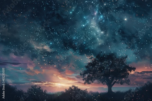 a night sky with stars and a tree in the foreground © Kevin
