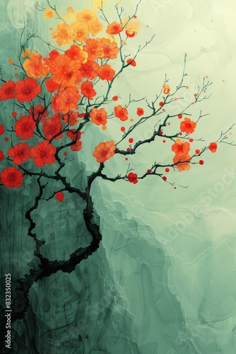 Tree With Red Flowers Painting