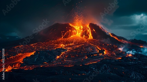 Vibrant Nighttime Eruption: A Powerful Geologic Spectacle photo