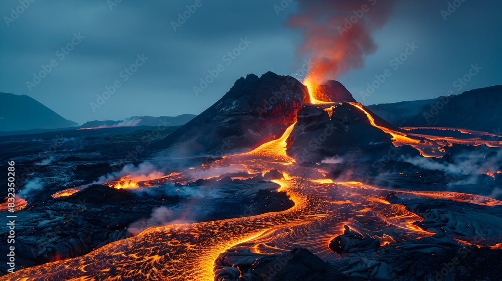 Glowing Lava Streams Illuminating Terrain of an Active Volcano at Dusk
