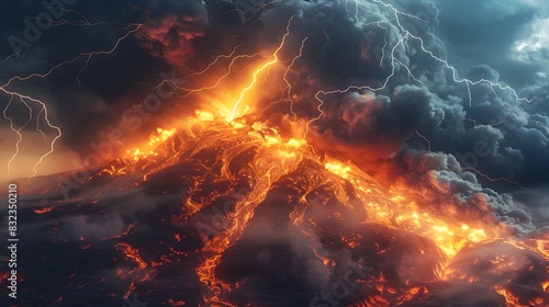 Fiery Volcano Eruption Ignited by Intense Storm Lightning photo