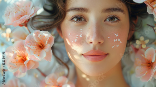 A serene portrait of a young woman surrounded by delicate pink flowers, with soft petals accentuating her natural beauty.