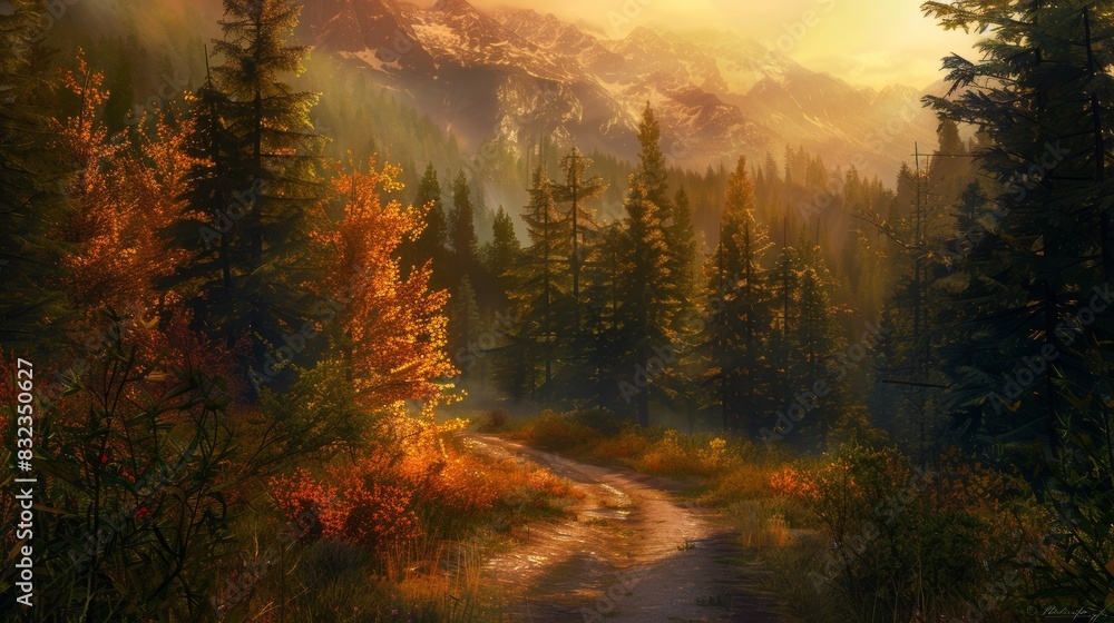 Autumn mountain path in a golden sunset for travel or nature themed designs