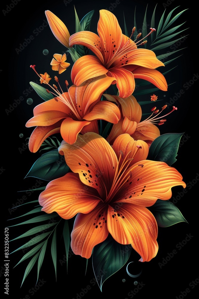 Fototapeta premium Orange Flowers on Black Background