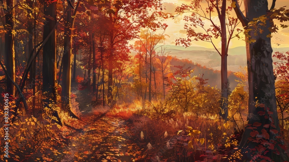 Autumn mountain path in a golden sunset for travel or nature themed designs