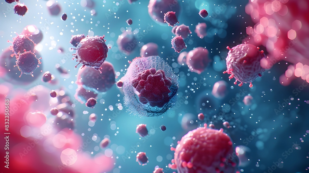 C Ricochuts of cancer cells and white. There were many cancerousfiber mesh on the surface of healthy cell in closeup view C Ricochuts of cancer cells and white. There were many cancerousfiber mesh on the surface of healthy cell in closeup view