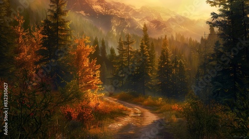 Autumn mountain path in a golden sunset for travel or nature themed designs