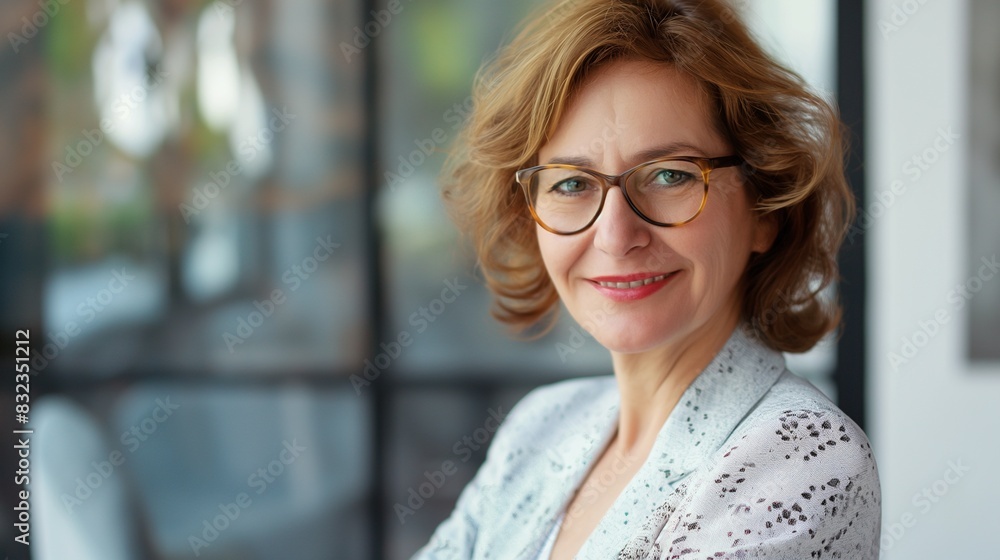 Smiling confident stylish mature middle aged woman standing at office. Old senior businesswoman Smiling confident stylish mature middle aged woman standing at office. Old senior businesswoman